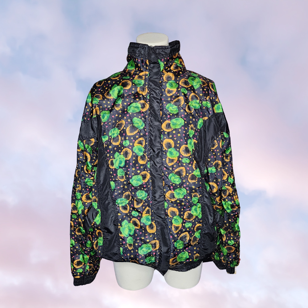 Vtg 80s Miramax Colorful Zip Up Windbreaker Floral Black Green Yellow Stars L - Picture 1 of 8